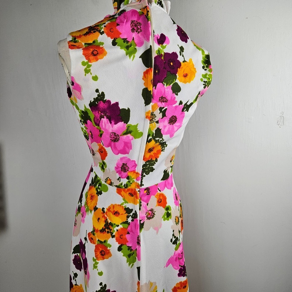 Vintage 70s Floral Maxi Dress Sleeveless S? Ruffle Neck White Pink Orange - Picture 4 of 11